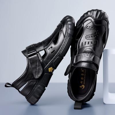 Мужские сандалии кожаные летние полые дышащие туфли мужские повседневные универсальные нескользящие мягкая подошва кожаные сандалии резиновая мягкая подошва