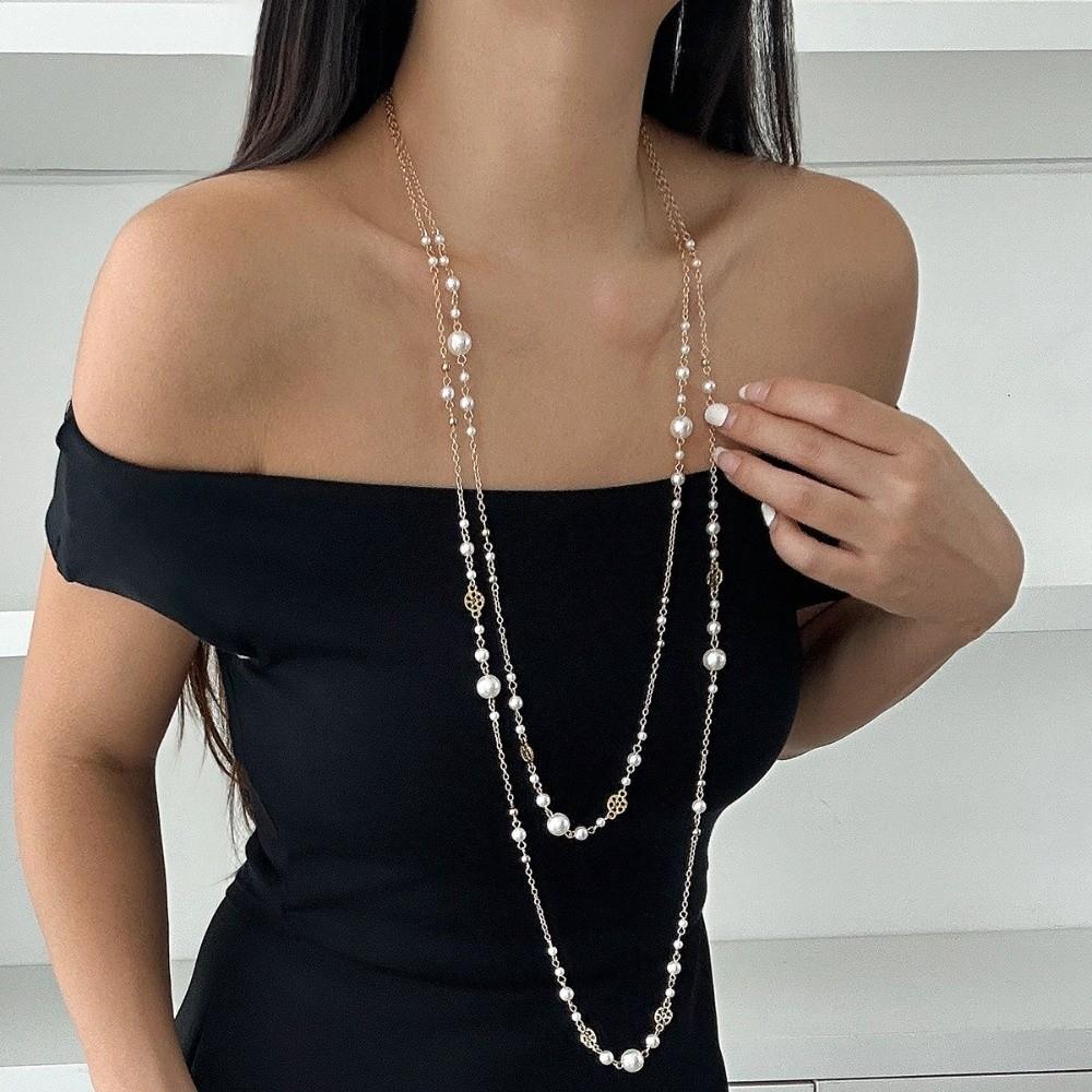 2Pcs/Set Long Chain Imitation Pearl Necklace Double Layers Sweater Chain Women Fashion