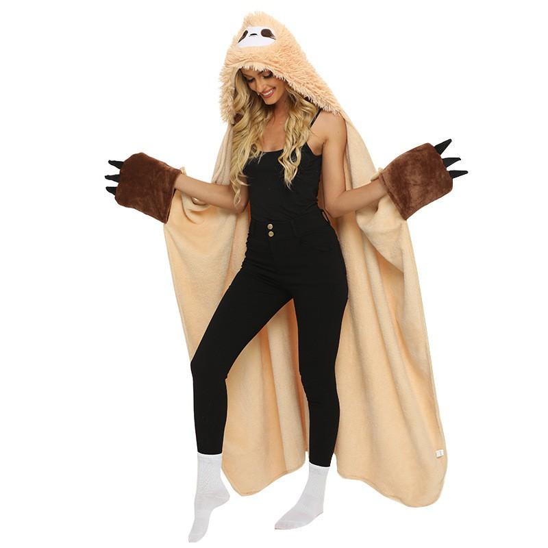 Cartoon Animal Hooded Blanket Flannel Wearable Women Winter Warm Throw