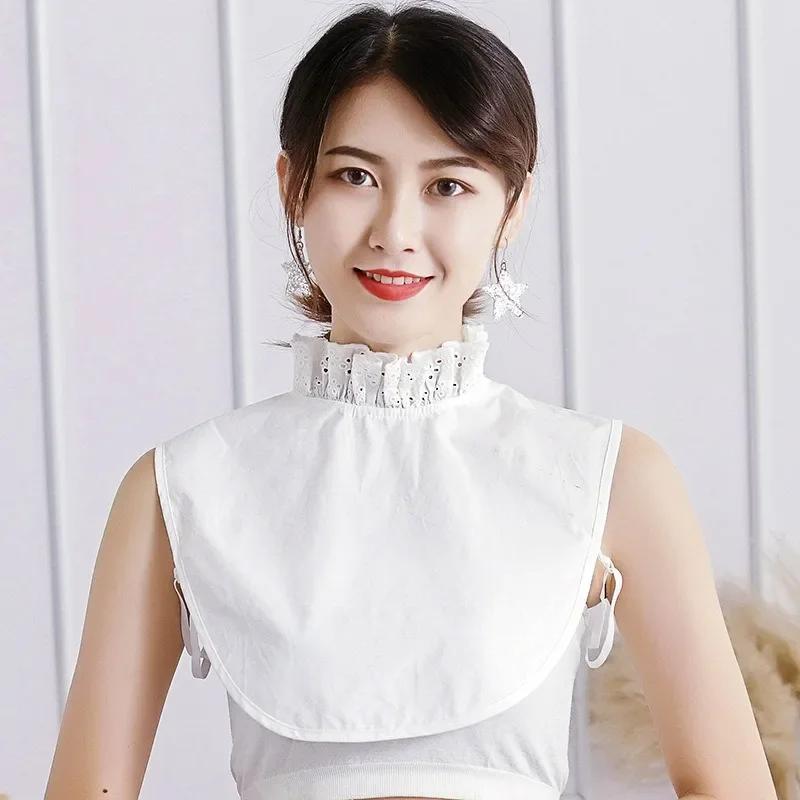 Women Stand Ruffled Fake Collar Lace Hollow Shirt Accessories Adjustable Necktie Dickey Detachable False Collar White Pullover