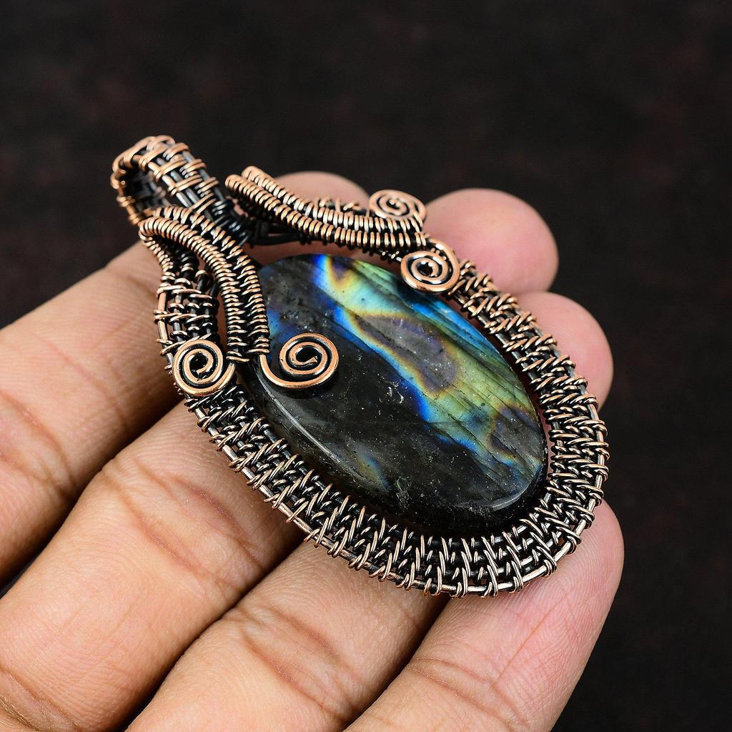 Кулон из лабрадорита и меди, подвеска из медной проволоки с драгоценным камнем, уникальный подарок ручной работы для нее, ювелирные изделия из лабрадорита и меди, свадебный подарок