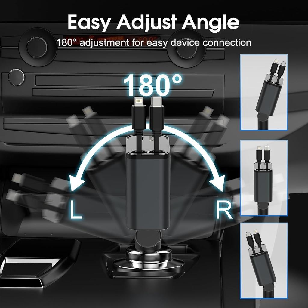 Retractable 70W 4 in 1 Car Charger with Retractable Cord, Fast Car Phone Charger Adapter Compatible with iPhone 16/15/14/13/12/11, Pixel, Samsung