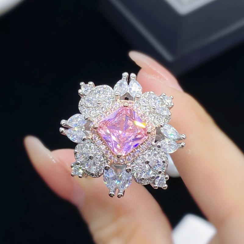 BELLA BOX Delicate Luxury Square Flower Pink Shape Opening Rings For Women Zircon Wedding Engagement Party Fine Personalized Jewelry Gift