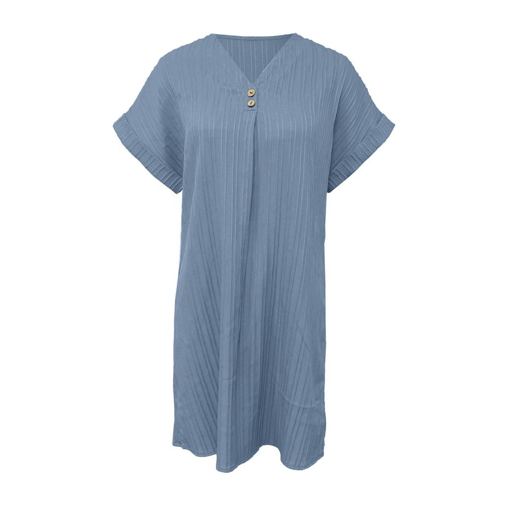 Women's New Short Sleeve V-neck Solid Color Pullover Comfortable Casual Button Dress