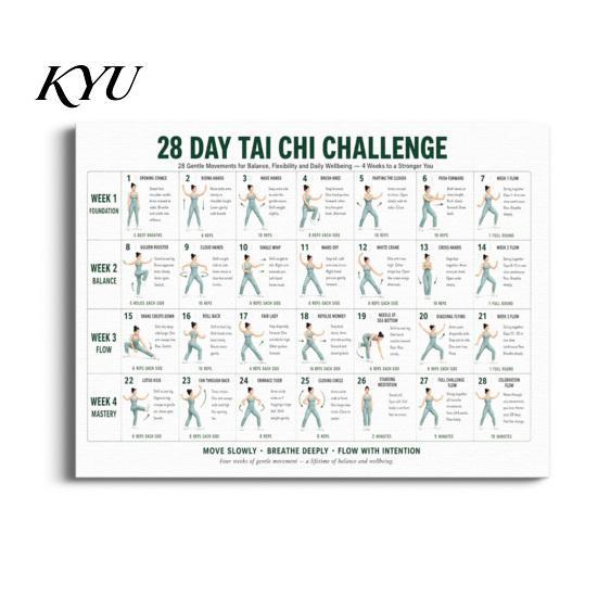 Mindful Body Awareness 28 Day Tai Chi Challenge Poster, Beginner Guide Chart, Physical Therapy Aid Standing Home Workout Routine, Gentle Exercises for