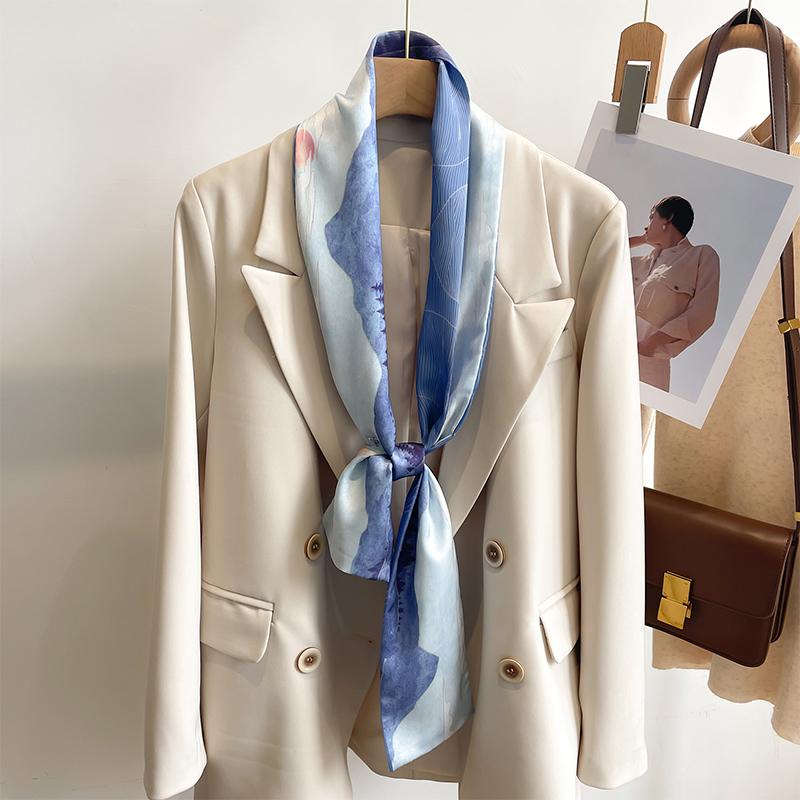 Women Silk Feel Printed Design Scarf Shawl Fashion Luxury Long Narrow Small Silk Scarves Ladies Headband Headscarve Bags Wrap