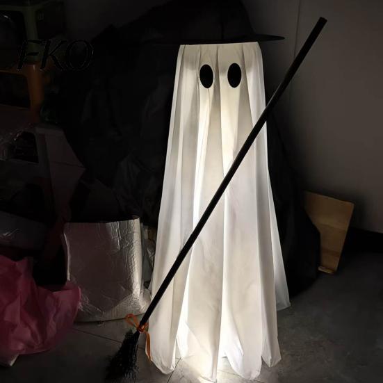 Witch Ghost Decoration Halloween Light-Up Decoration, Spooky Hat Ornament with LED Yard Light, Broom Decor for Outdoor Lawn Porch Holiday Party Large