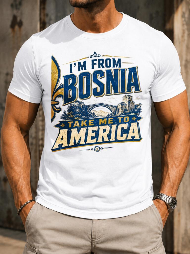 M From Bosnia Take Me To America Bridge Blue Gold Collegiate Lettering With Landmark Skyline Style Unisex All Tshirt