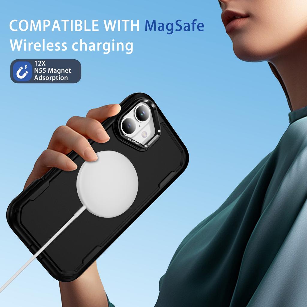 For iPhone 16 Plus Case Compatible with MagSafe Lens Frame Kickstand TPU + PC Shockproof Phone Cover
