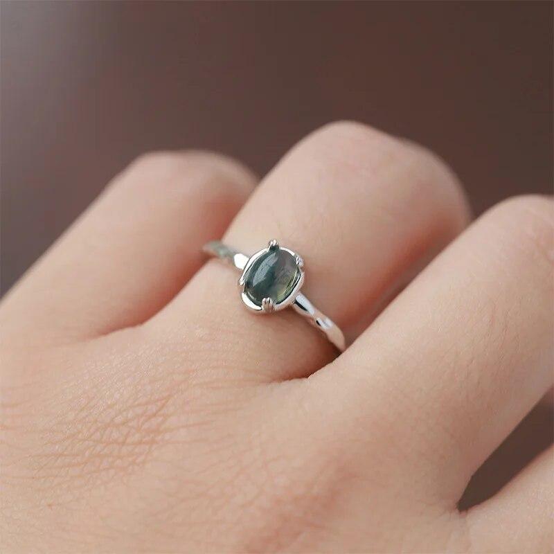 Простая текстура натурального камня, различные зеленые мох, трава, агат Vouple, кольцо с цветком для женщин, ветка, стерлинговое серебро, подарочные ювелирные изделия