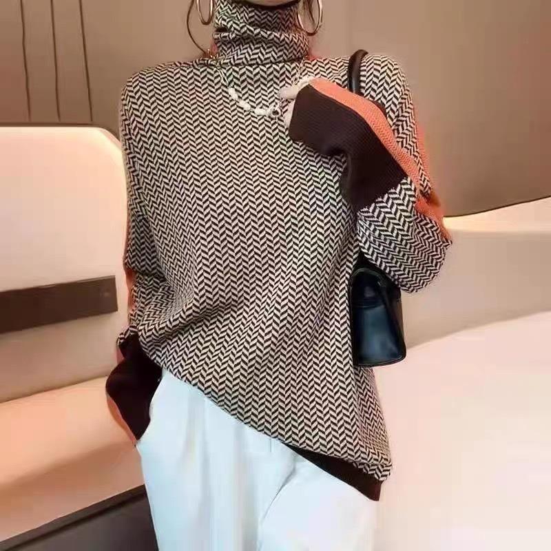 Autumn and Winter Design Sense Lazy Loose Contrasting Color Sleeves Full Imitation Wool Turtleneck Knitted Sweater Women's Autumn and Winter