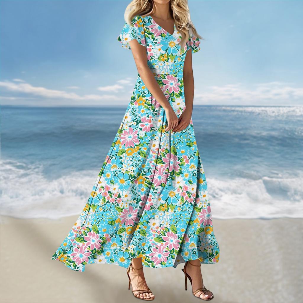 Женское платье макси в стиле бохо, женское летнее платье с коротким рукавом, весеннее повседневное платье А-силуэта с V-образным вырезом, летний пляжный сарафан для отдыха