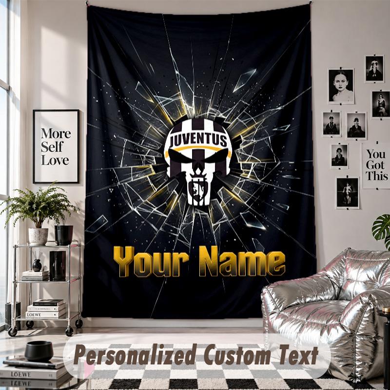 Wall Hanging Tapestry With Custom Name & Text, Juventus FC Decorative Tapestry For Bedroom