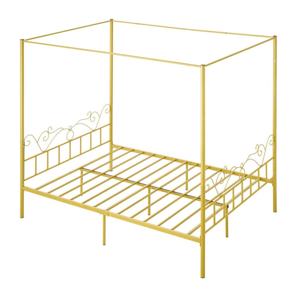 Queen Size Canopy Bed Frame, Metal Canopy Bed with Minimalist Headboard & Four Posters Design, Heavy Duty Steel Slats Support, Underbed Storage Space,