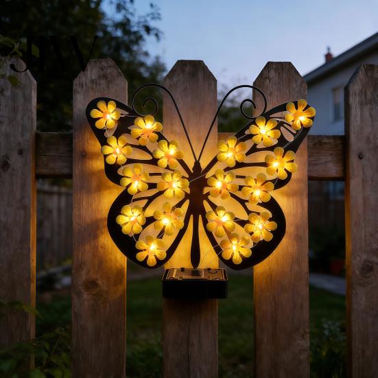 Decorative Butterfly Fence Lights 2Pcs Solar Outdoor Metal Wall Decor, IP65 Waterproof Garden Art with Lights, Hanging for Patio Porch