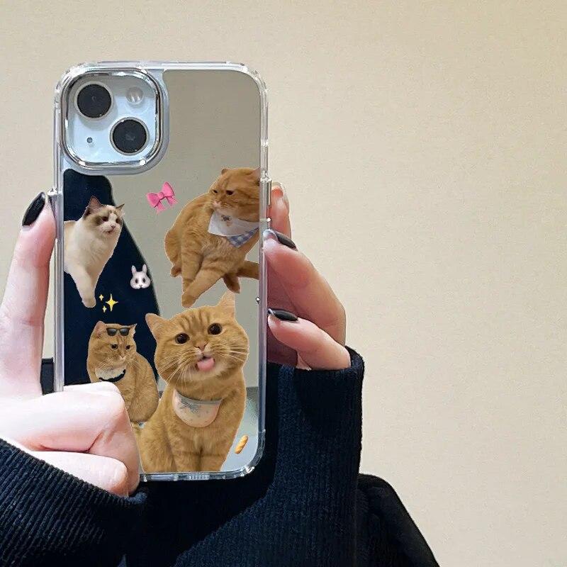 Korean Cute Cartoon Cat Mirror Phone Case For iPhone 15 Pro Case iPhone 14 11 12 13 Pro Max X XS XR Shockproof Love Heart Cover