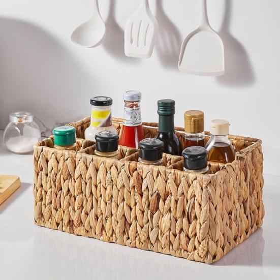 Utensil Caddy with 5 Compartments Hand-woven Storage Basket with Handle Rustic Cutlery Flatware Organizer for Picnic BBQ Kitchen Countertop Storage
