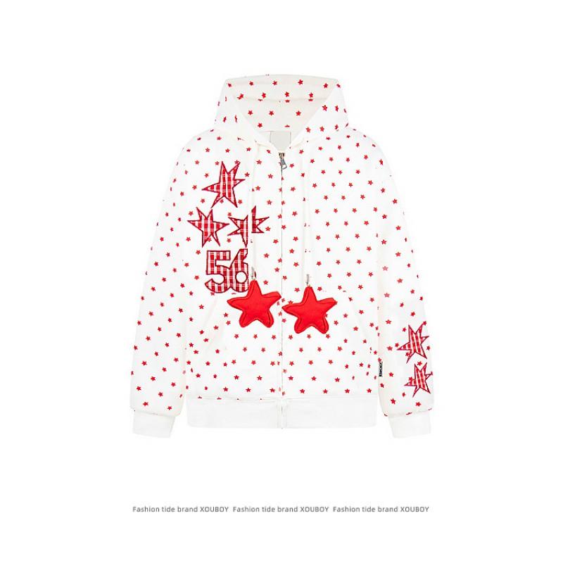 Unisex Streetwear Hooded Zip-Up Sweatshirt With Star Print Loose Fit 2026 Casual Outerwear