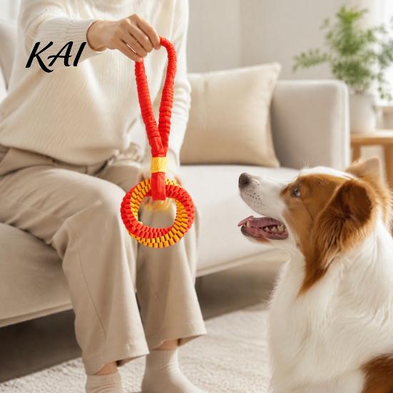 Soft Polyester Tug Rope Bungee Dog Toy, Woven Ring with Long Handle, Interactive Chew Teeth Dental Health Toys Cleaning Toy for Medium Large