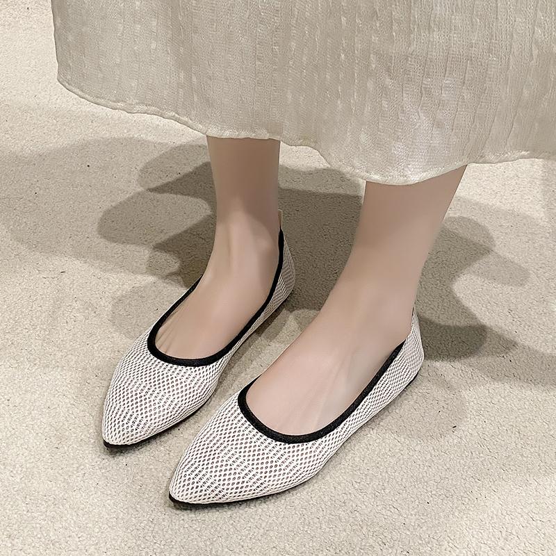 Fashion Women's Large Size Flat Shoes Autumn New Pointed Head Shallow Mouth Mesh Cloth Breathable Non-slip Soft Sole Single Shoes