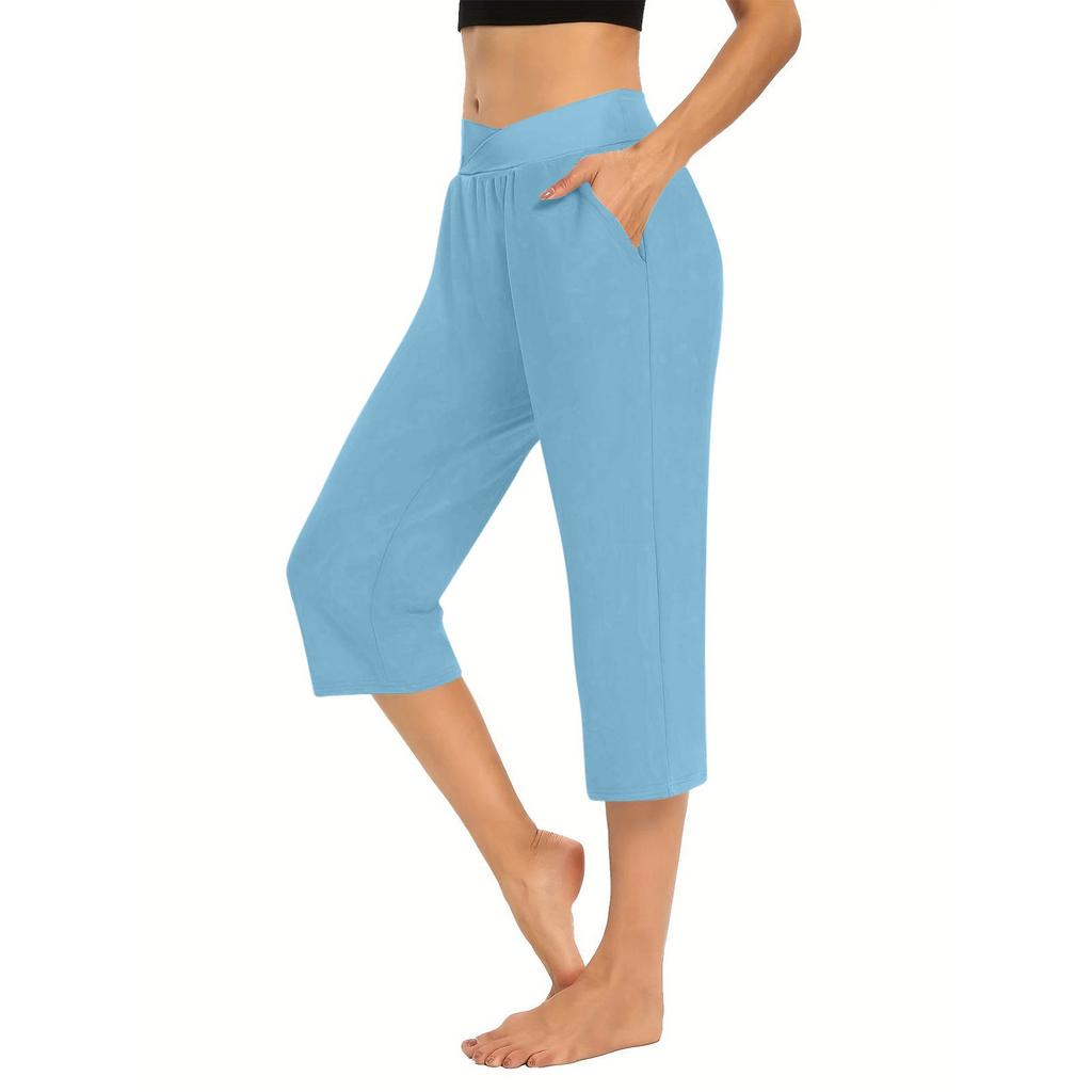 Women  Elastic High Waist 3/4 Pant Casual Active  Fit Wide Capris Leg Pants Trousers With Pockets