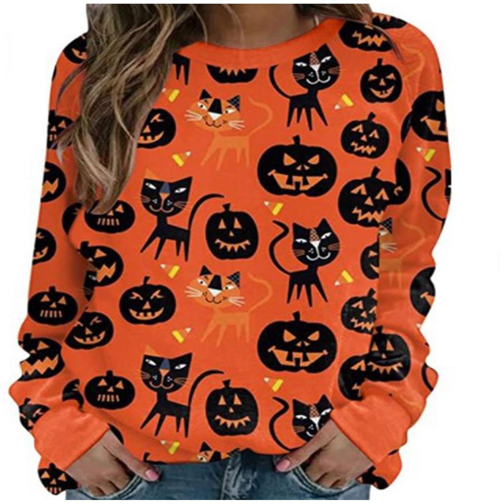 Fashion Women Halloween Print Party Round Neck Long Sleeve Socket Head Tops