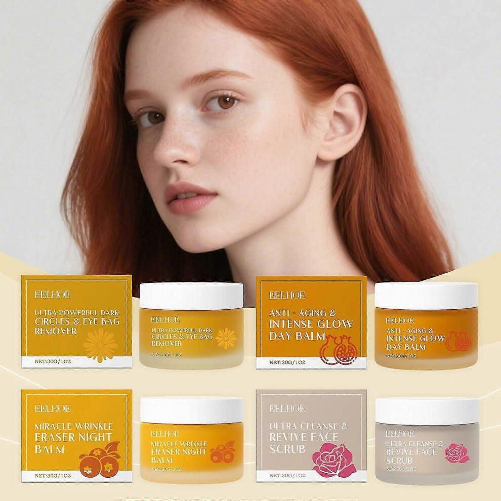 Organic Mature Women Skin Care Set - Rose Revive Face Scrub, Anti-Aging & Intense Glow Day Balm, Anti-wrinkle Night Balm, and Dark Circles & Eye Bag R