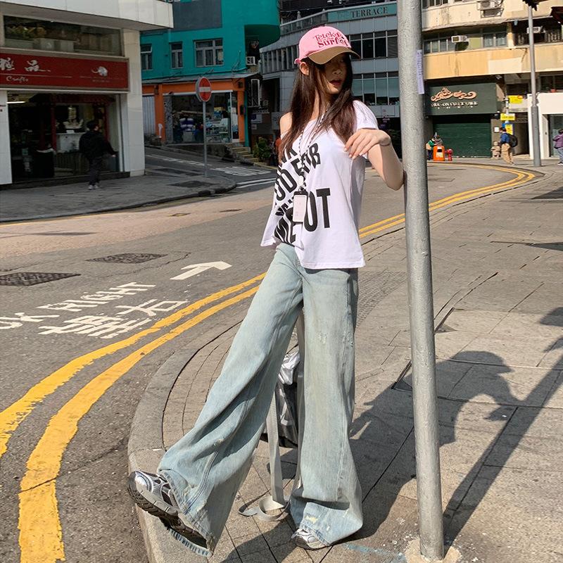 Ленивые рваные джинсы для женщин Весенние свободные джинсы средней талии с широкими штанинами для женщин Широкие джинсы для женщин Рваные джинсы для женщин Похудение