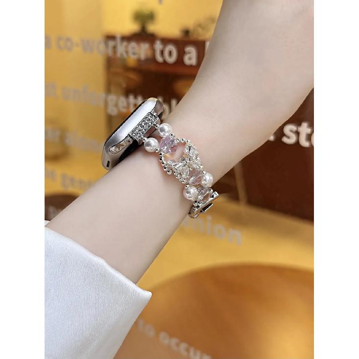 Pearl Beaded Bracelet for Apple Watch Bands for Women SE 11 40mm 41mm 42mm 38mm Dressy Metal Bling Jewelry Wristband Adjustable