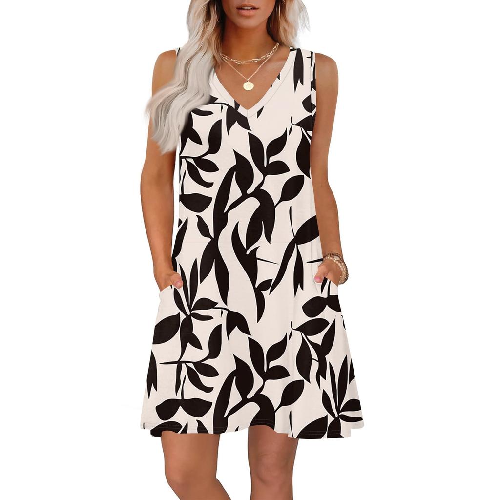 Женские летние платья свободного кроя с принтом V-образным вырезом без рукавов сарафаны пляжное гавайское платье с карманами