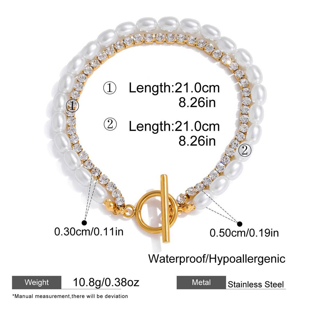 Mirawell Exquisite 18K Gold-Plated Stainless Steel Women's Bracelet Trendy Double-Layer Chain Rhinestones Glass Pearls OT