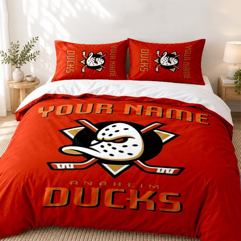 Anaheim Ducks Custom Name 3pc set Perfect for bedroom use Comfortable bedding set includes a duvet cover and two pillowcases Ideal birthday or Christm