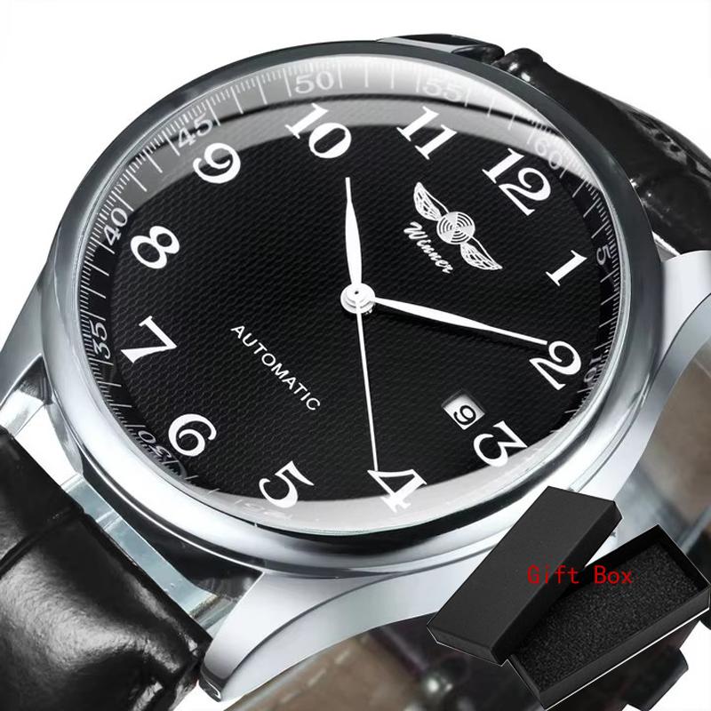 Fashion Business Automatic Mechanical Watch Men Time Master Leather Strap White Dial Calendar Date Montre Homme Winner Classic
