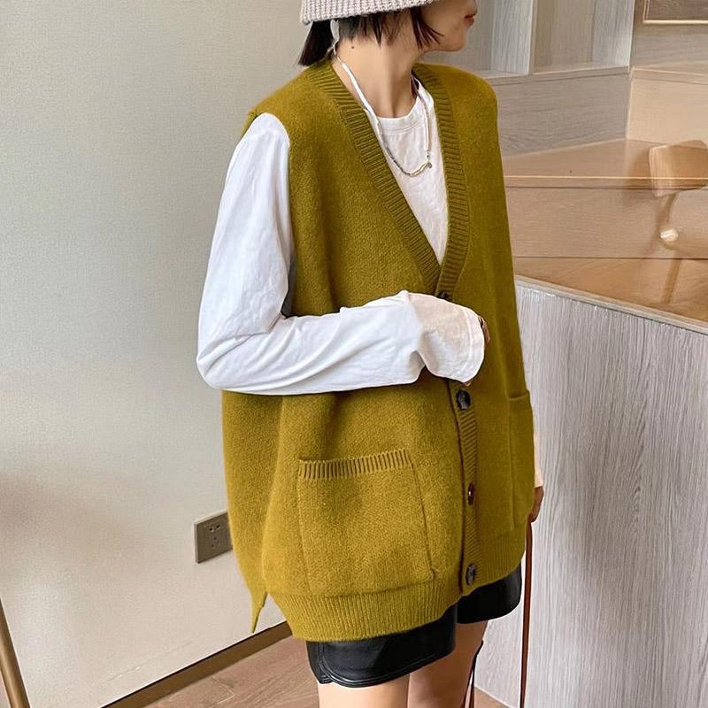 Вязаный жилет, женский осенне-весенний кардиган с v-образным вырезом, свободный однотонный свитер без рукавов, жилет