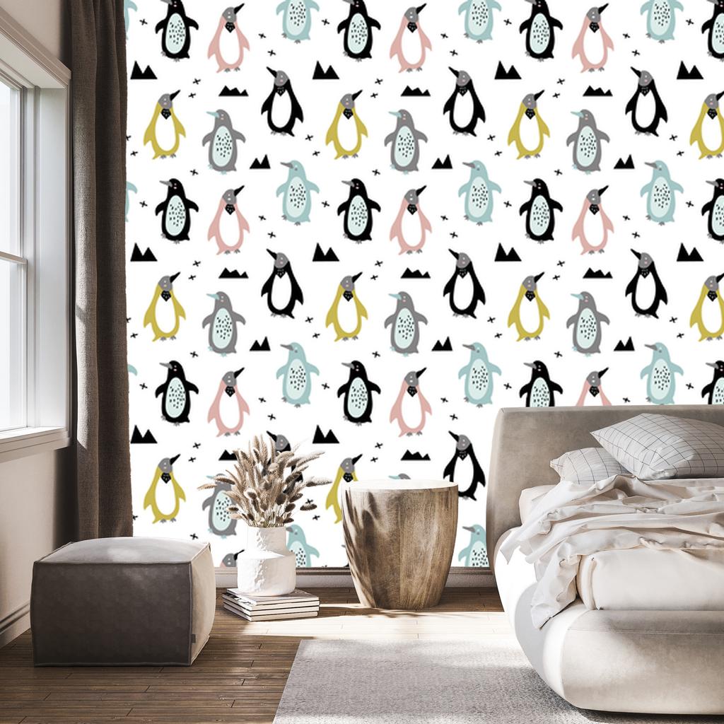 Colorful Penguins Wallpaper in Scandinavian Style for Living Room and Bedroom 50x1000