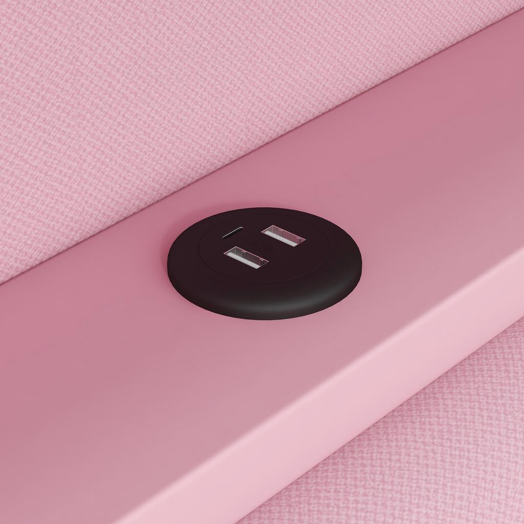 Upholstered 90x200 Daybed with USB Ports and LED Strip, with Desk and 2 Drawers, Pink
