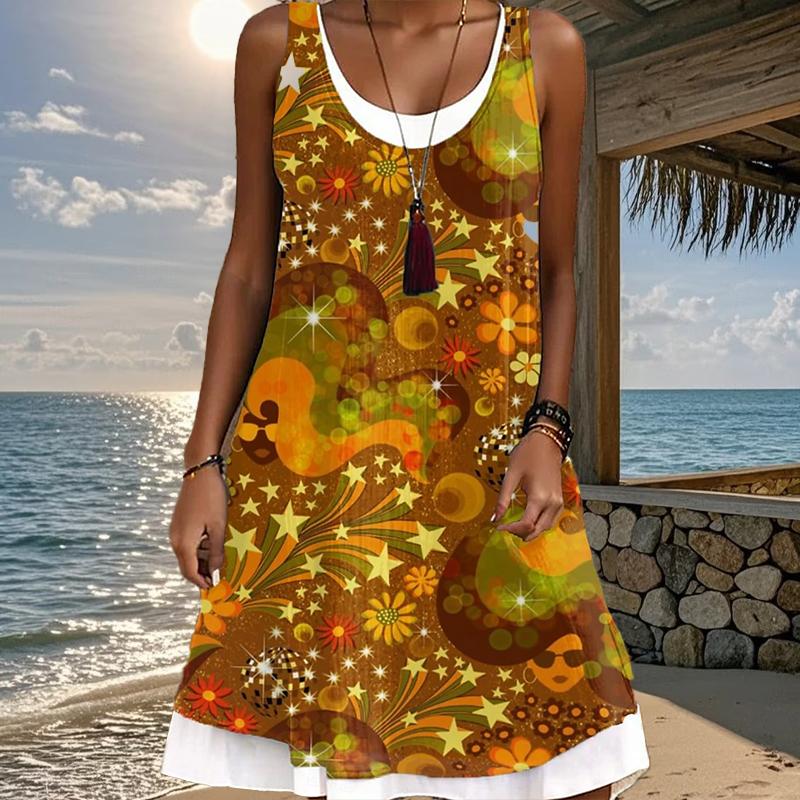 Женское платье из двух частей с имитацией розы в стиле ретро с принтом без рукавов и круглым вырезом, свободное, мягкое и удобное, большого размера