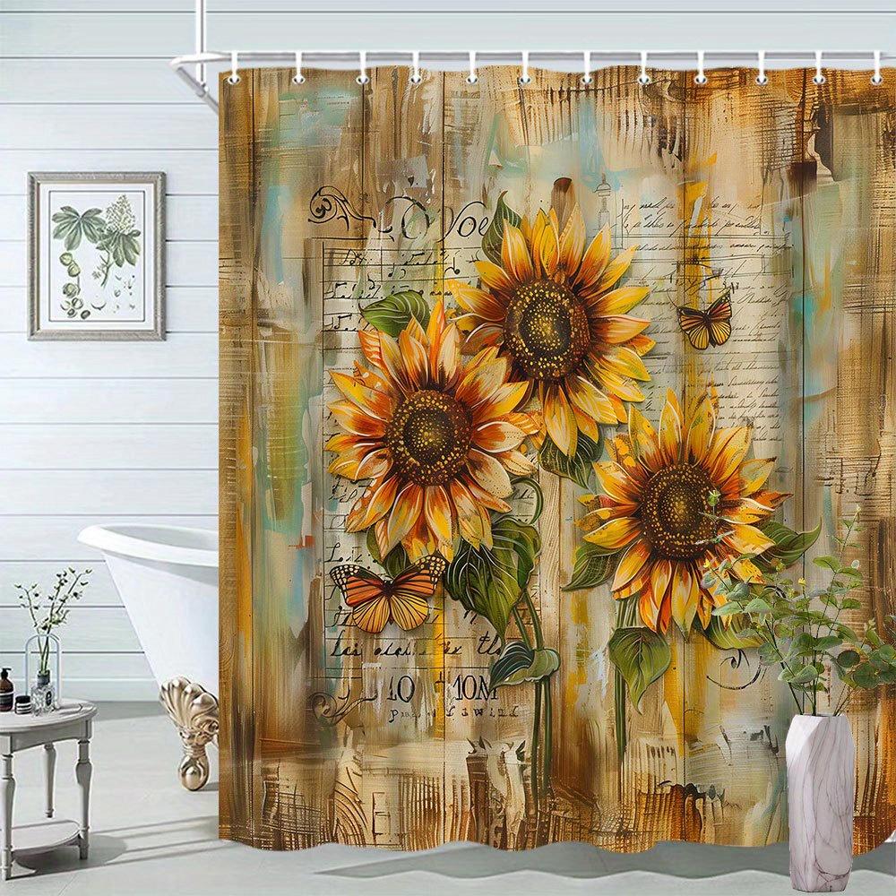 Sunflower Countryside Shower Curtain - Three Golden Sunflowers & Butterfly Pattern, Scenic Beauty, Polyester Bathroom Decor