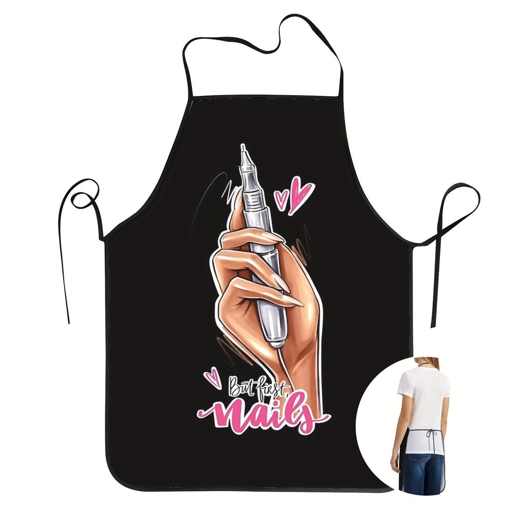 Vibrant Black Nail Art Design Apron - Adjustable Neck Strap, Perfect for Cooking, Gardening & Kitchen Use, Functional Apro