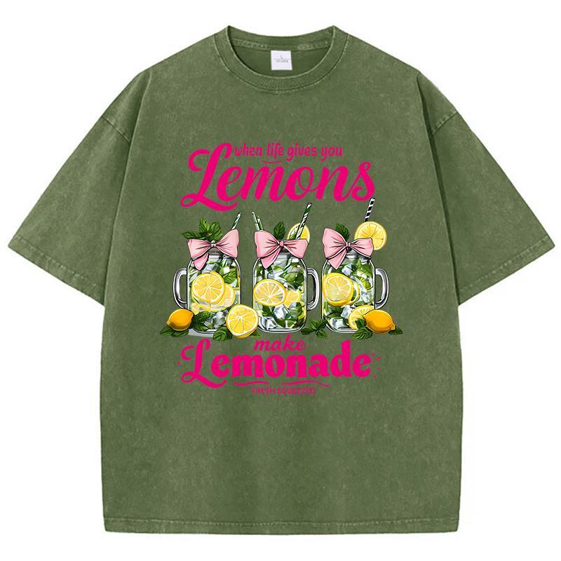 Когда жизнь подкидывает лимоны, делай принты Washed TShirt Женские хлопковые топы с потертостями, круглый вырез, удобные футболки, летняя одежда