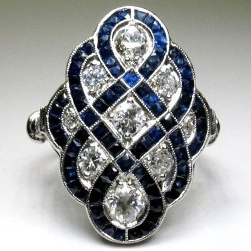Великолепные антикварные серебряные цветные большие ювелирные изделия в итальянском стиле, ретро синие и белые кольца с цирконом для женщин, ювелирные изделия для юбилейной вечеринки
