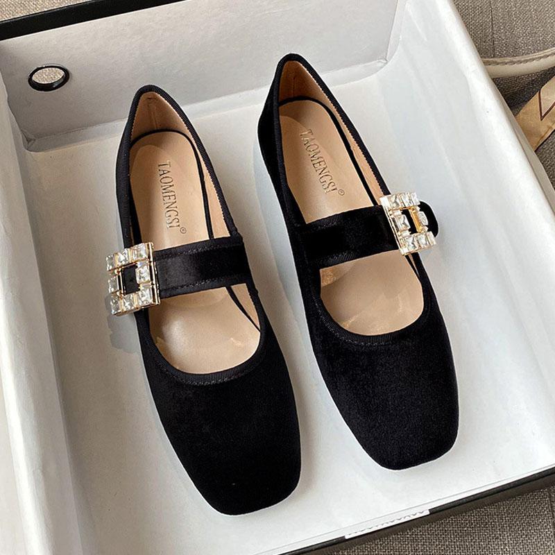 Женские туфли Мэри Джейн, мягкие балетки, черные бархатные лакированные туфли, туфли со стразами и квадратной пряжкой на ремешке, женские рабочие туфли