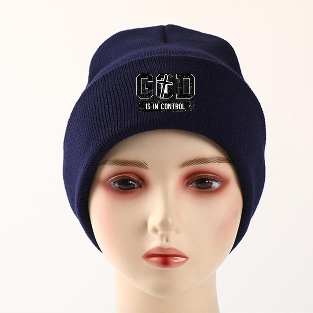 GOD IS IN CONTROL" Winter Knit Cap Beanie, Skull Cap Autumn Stretchable Solid Bobble Hat Knitted Hat Beanie