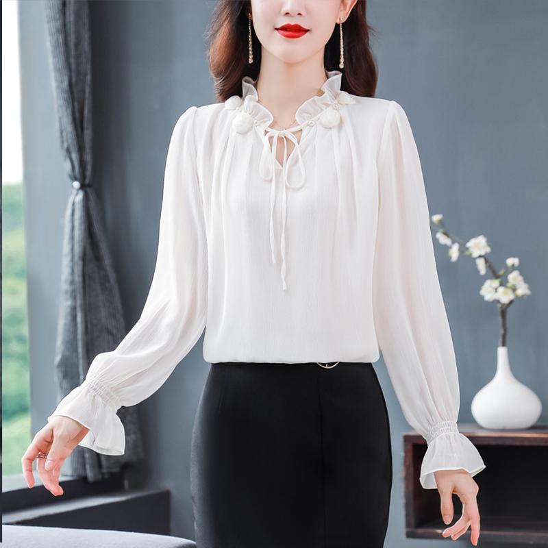 Весенне-осенняя новая элегантная шифоновая рубашка с воротником-лепестком, бандажный топ, женская мода, универсальные блузки с длинными рукавами, офисная одежда Y2k