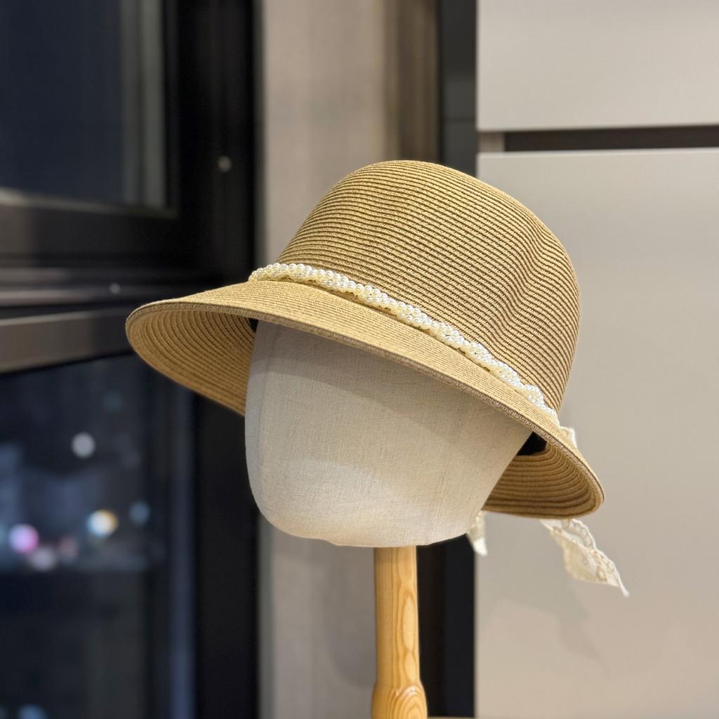 New Pearl Bow Elegant Straw Hat for Women, Summer Sun Protection Sun Hat, Face Slimming Outdoor Vacation Style Fisherman Hat