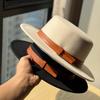 New French Double Belt Buckle Woolen Hat Flat Top Hat for Women Autumn and Winter British Retro Style Wide Brim Felt Hat