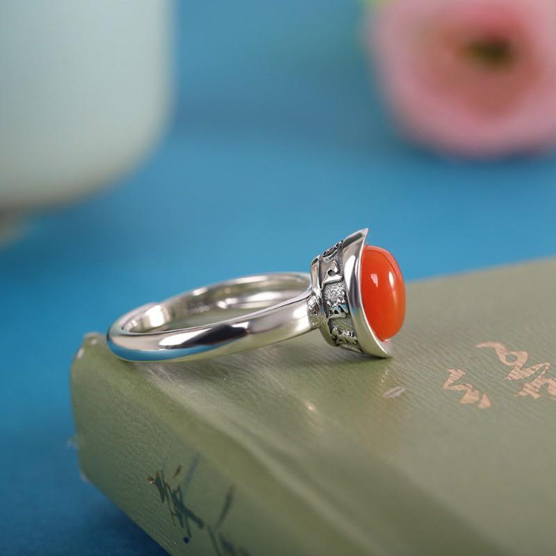 Adjustable Open Ring With Red Agate Inlay Vintage Chinese Style Coin Motif Unisex Fashion Jewelry