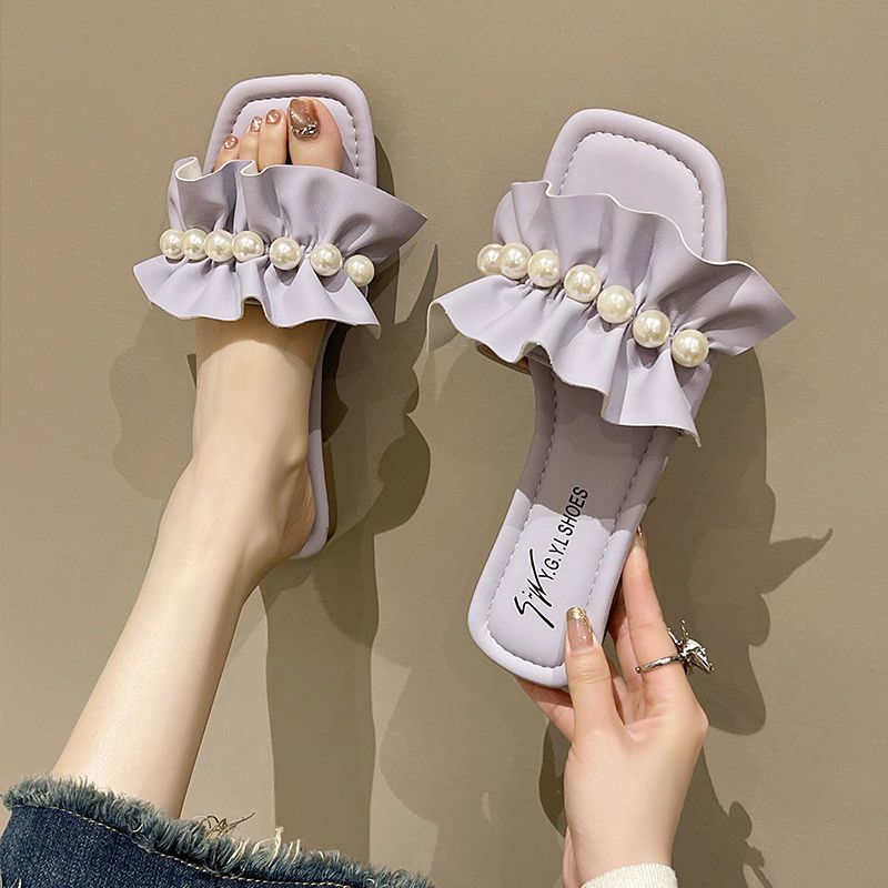 Женские шлепанцы с декором из искусственного жемчуга, сандалии с отделкой с рюшами, износостойкие шлепанцы на плоской подошве с открытым носком, летние песчаные пляжные сандалии, женская обувь