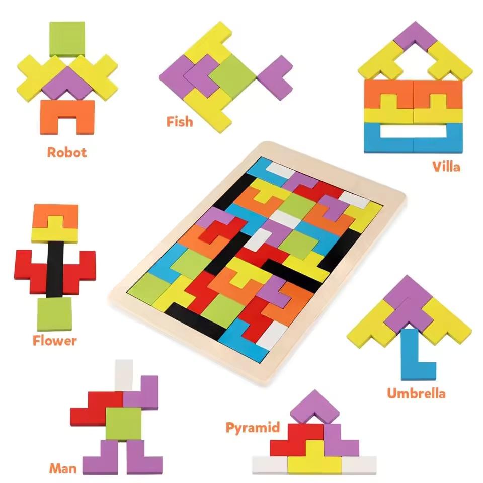 Wooden Building Block Puzzle Toy Tangram Puzzle Intelligent Colorful 3D Russian Building Block Children Montessori Education