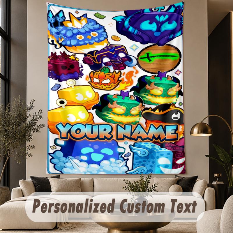 Custom Text Printed Tapestry Blox Fruits Pattern Large Wall Hanging Indoor Room Decor